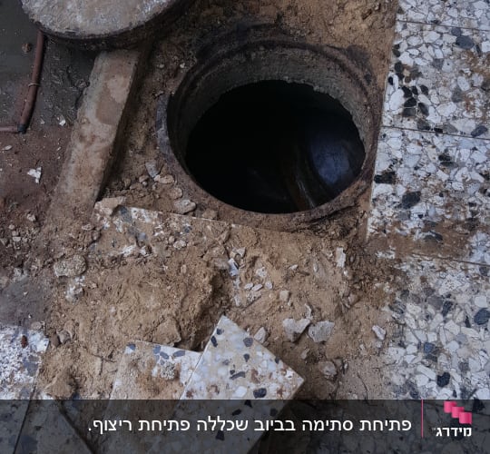 פתח ביוב פתוח עם מכסה בטון מונח בצד